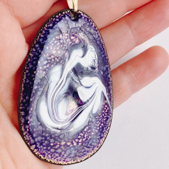 Mid Century Enamel Pendant Purple White Abstract VTG 1960s Necklace Modernist - Picture 4 of 14